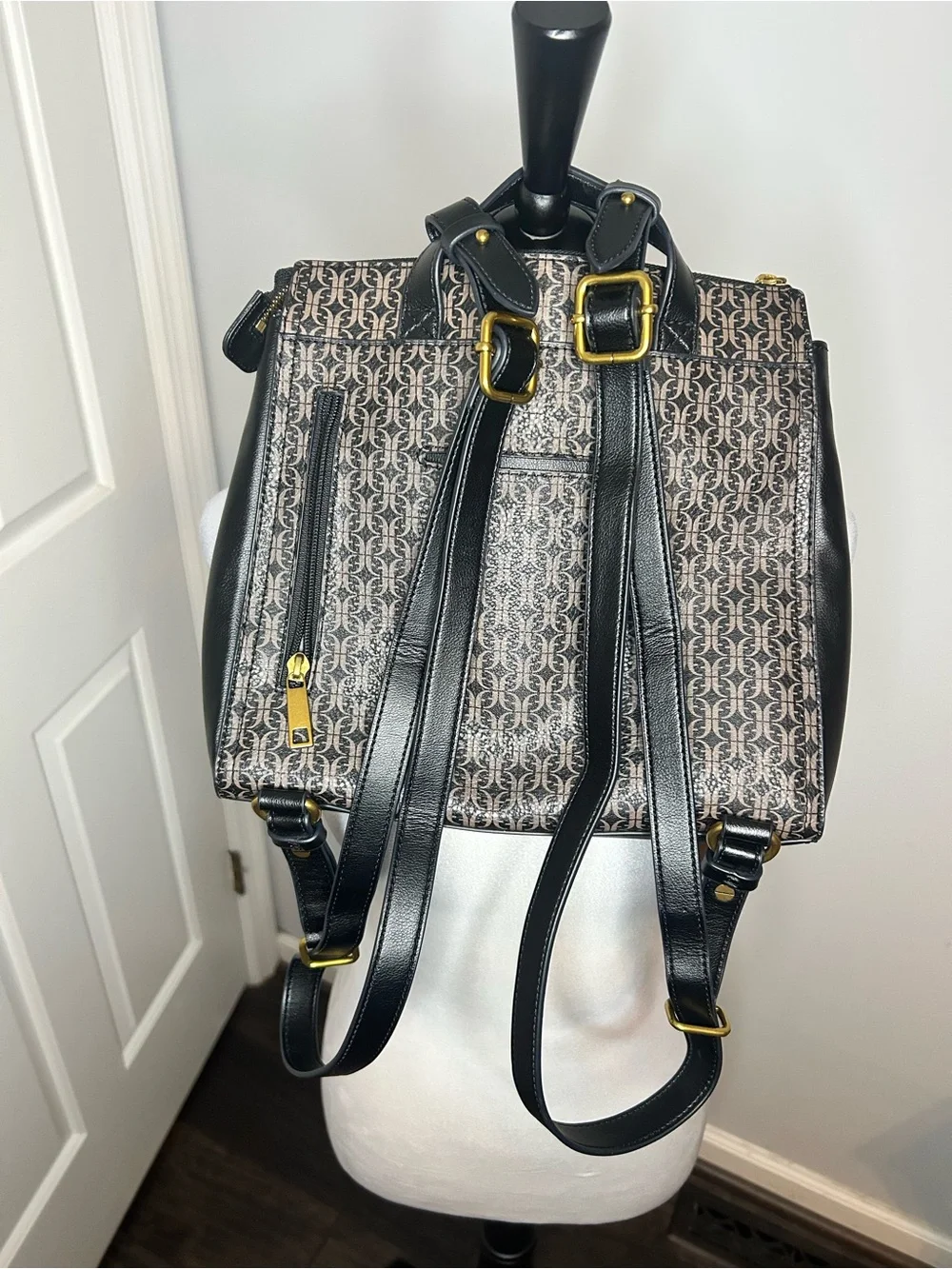 Fossil Elina Black and Brown Monogram Convertible Backpack Tote